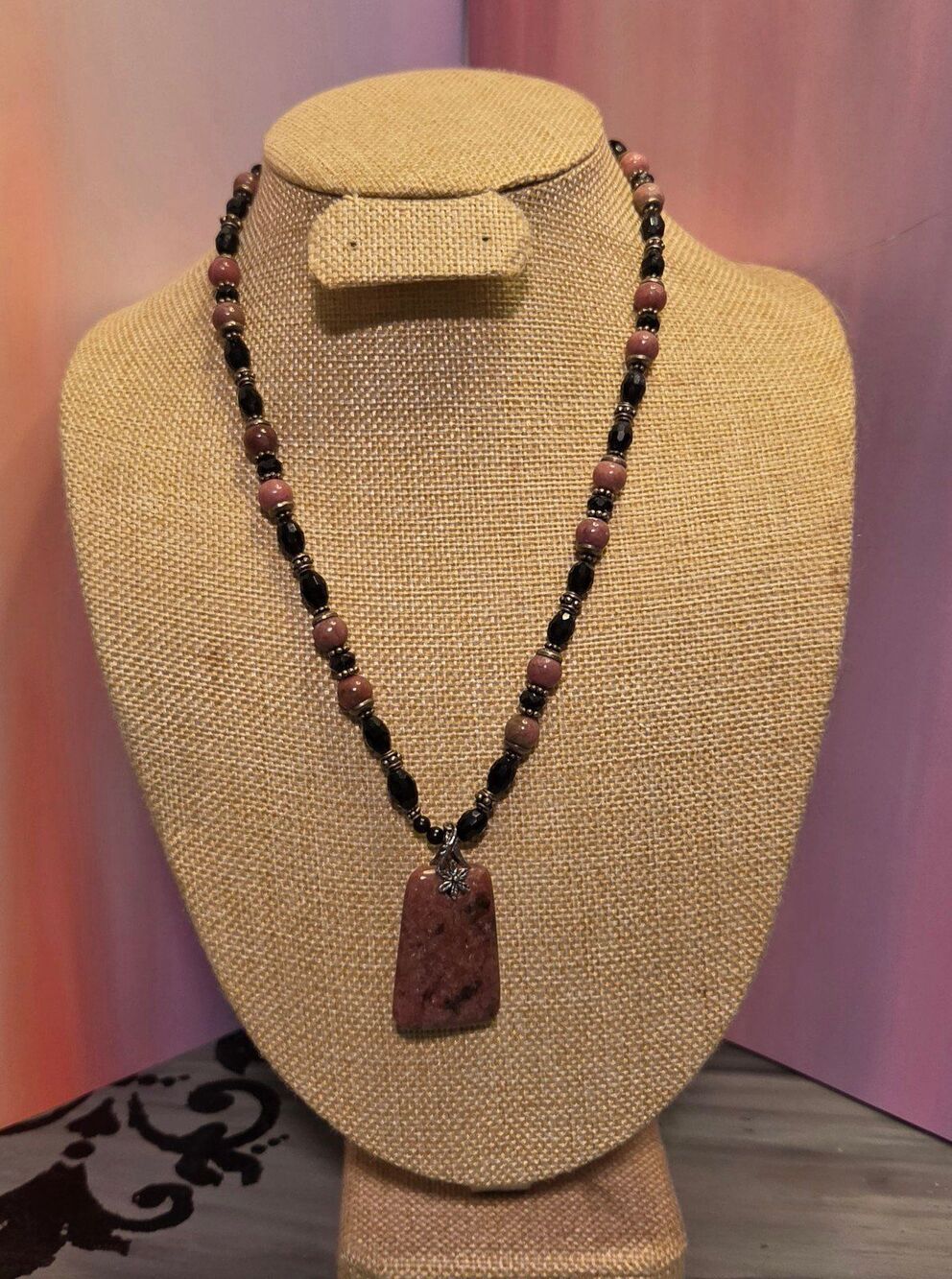 Handmade Natural Pink Rhodonite Gemstone & Black Beaded Pendant Necklace
